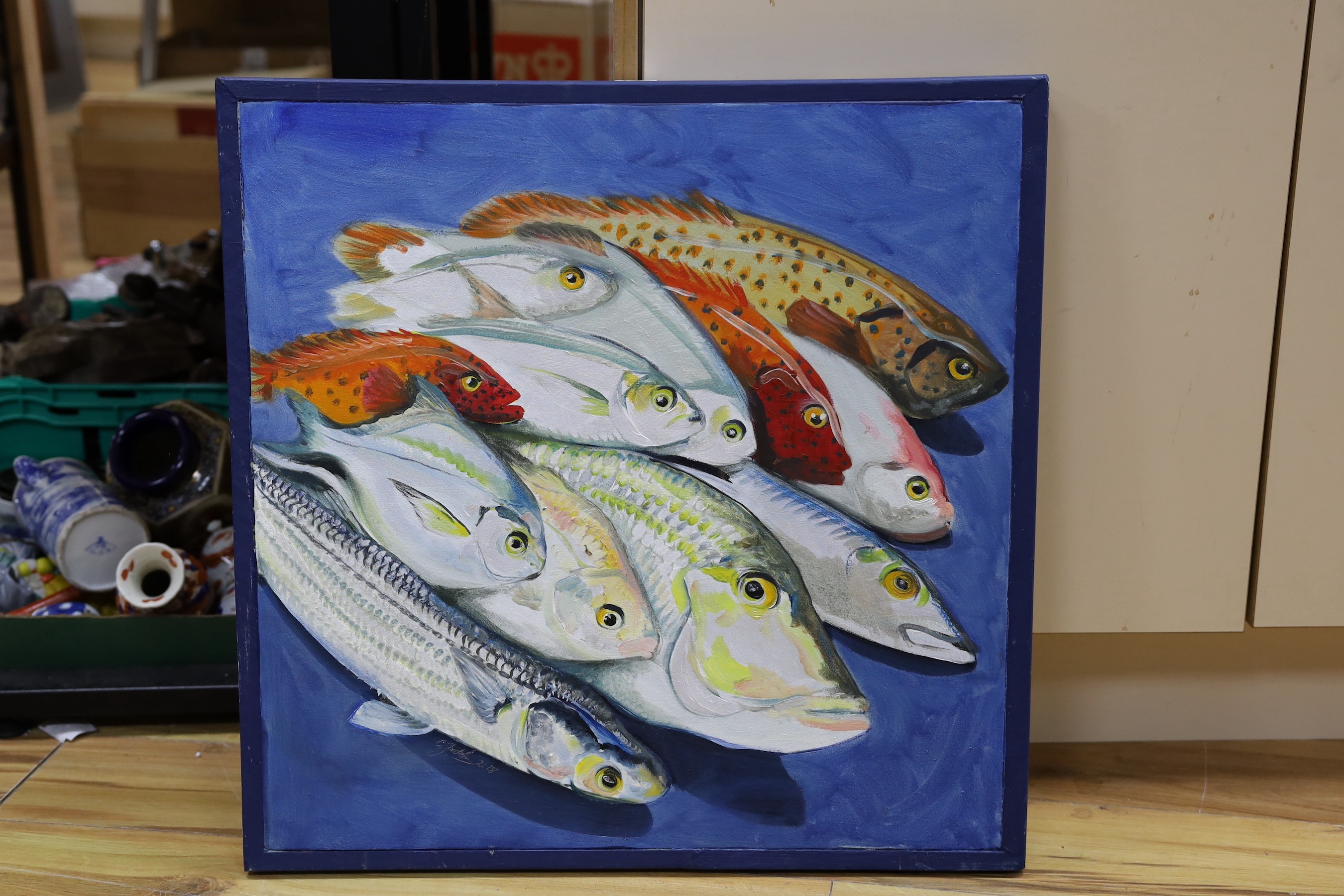 Modern British, oil on canvas, Still life of fishes, indistinctly signed and dated 2018, 57 x 57cm